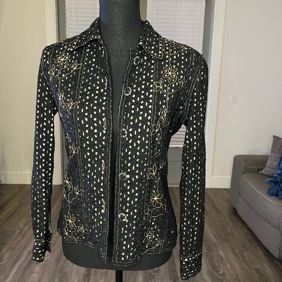 Yak Magik Jackets & Blazers - NWOT Yak Magik Vintage Artsy Eyelet Embroidered Jacket Black w/ Tan Lining Small